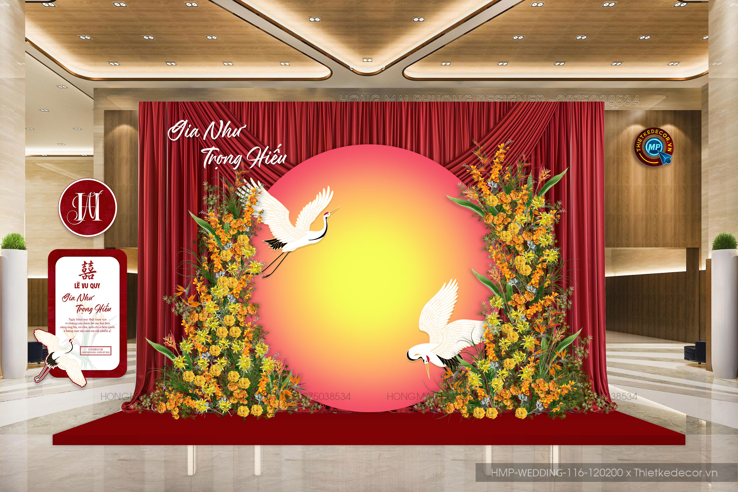 File trang trí Gia tiên tone đỏ cam- Đôi chim hạc uyên ương bên mặt trời